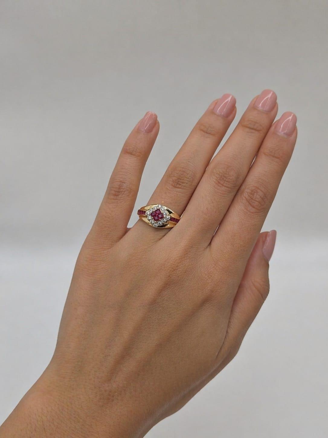 RUBY AND DIAMOND HALO RING YELLOW GOLD