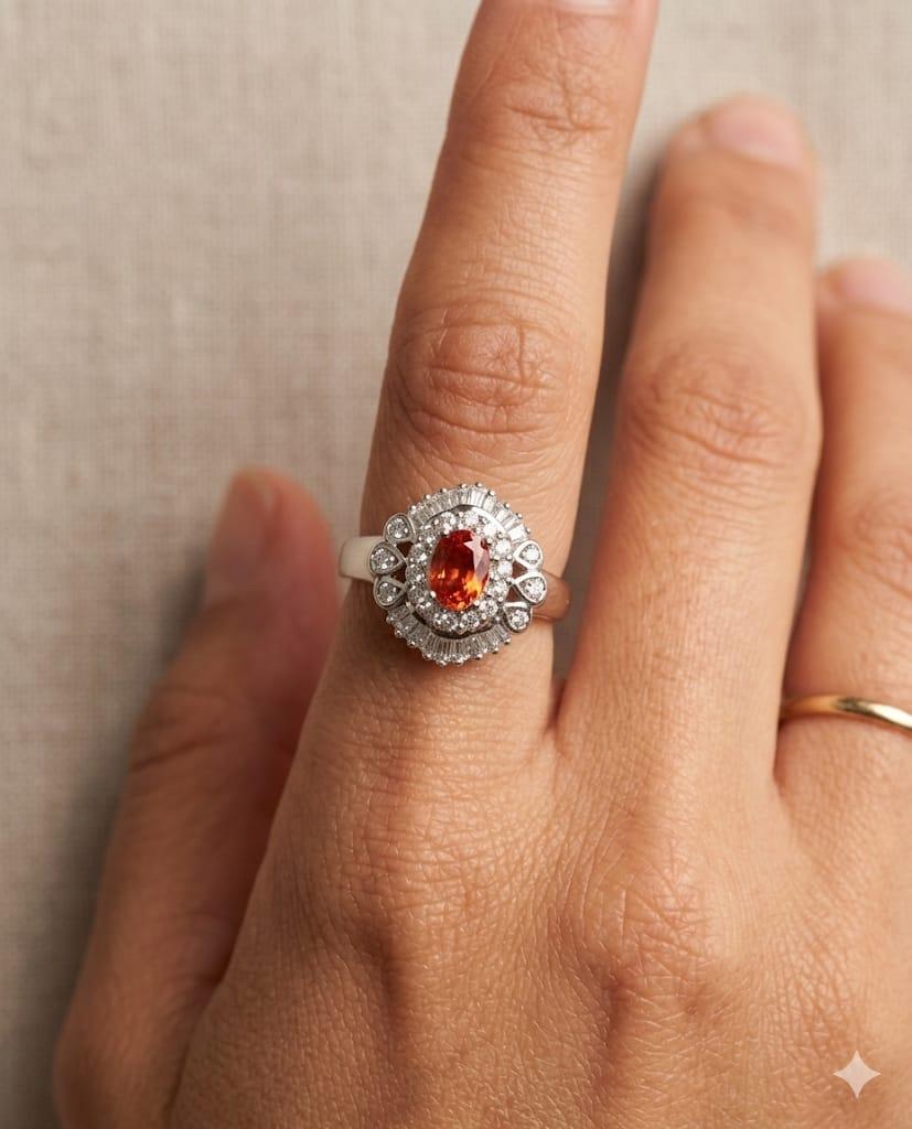 DIAMOND AND ORANGE SAPPHIRE CLUSTER RING WHITE GOLD