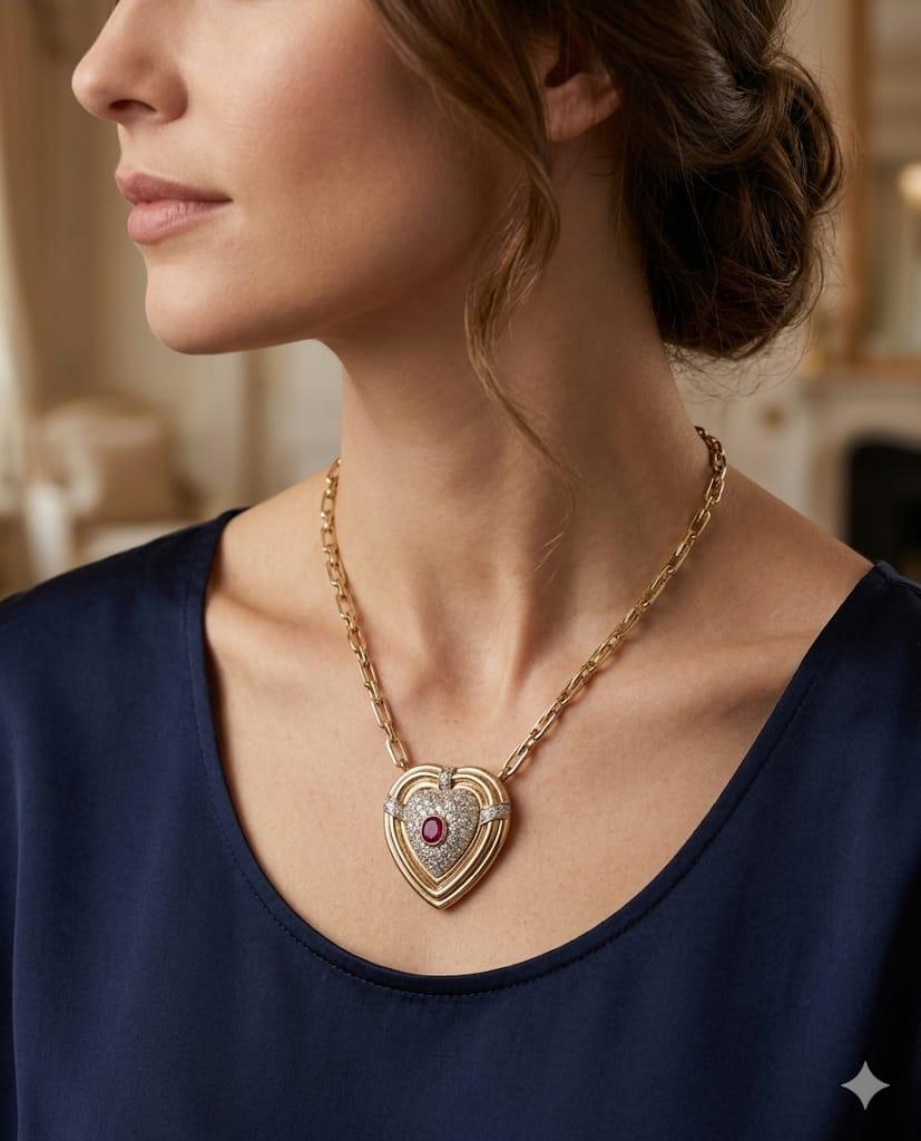 PAVE DIAMOND AND RUBY HEART PENDANT NECKLACE 1.10CTW YELLOW GOLD