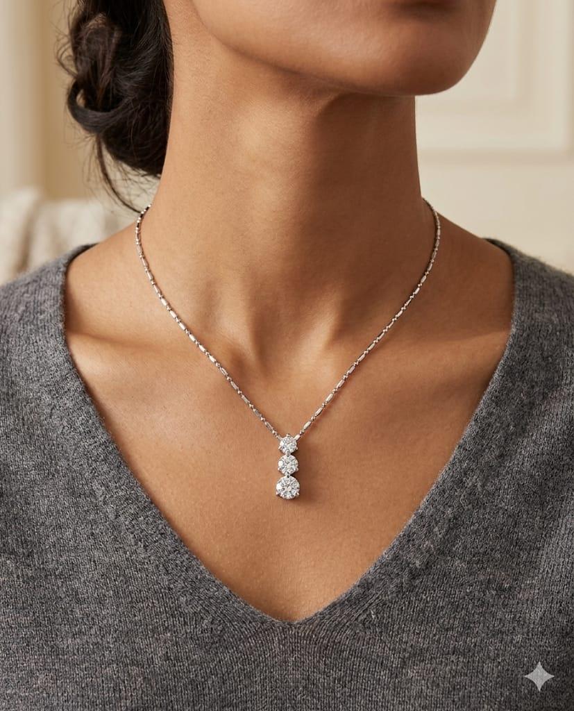 THREE DIAMOND DROP PENDANT NECKLACE 0.75CTW WHITE GOLD