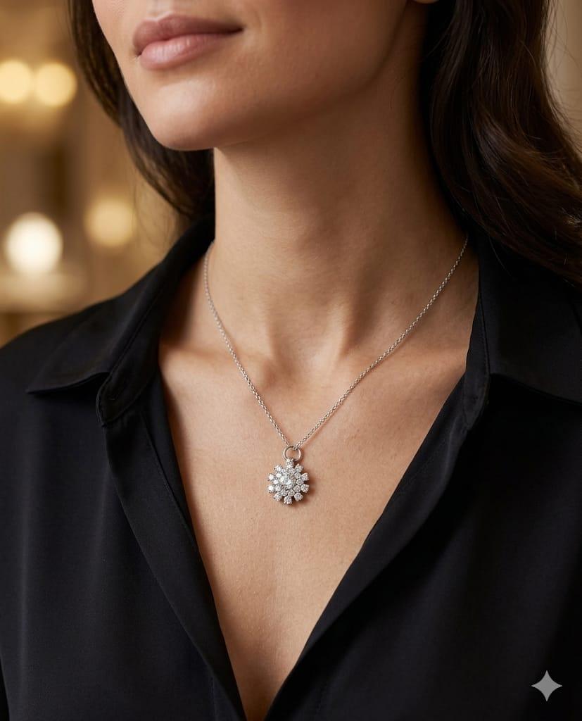 DIAMOND SNOWFLAKE CLUSTER PENDANT NECKLACE WHITE GOLD
