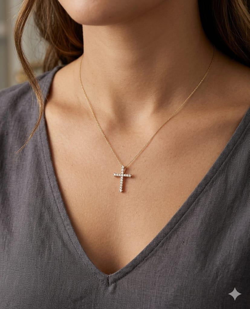 DIAMOND CROSS PENDANT NECKLACE 0.52CTW YELLOW GOLD