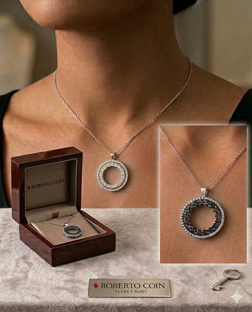 ROBERTO COIN REVERSIBLE DOUBLE CIRCLE PENDANT NECKLACE WHITE AND BLACK DIAMONDS