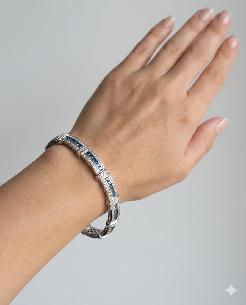 DIAMOND CHANNEL SET BRACELET WITH BLUE DIAMONDS WHITE GOLD 6.48CTW