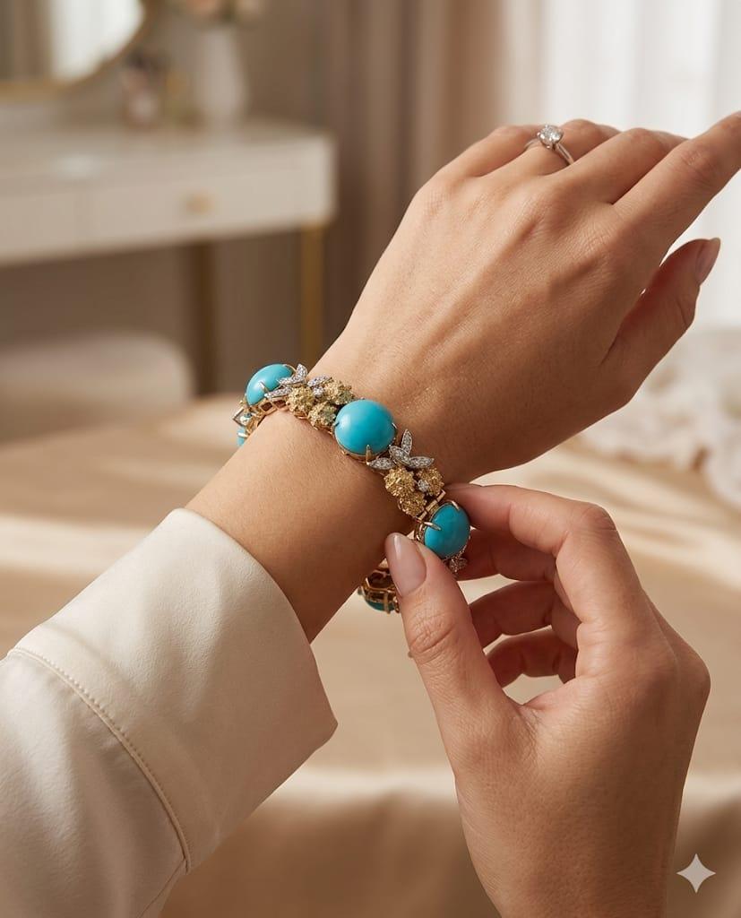 TURQUOISE AND DIAMOND BRACELET YELLOW AND WHITE GOLD