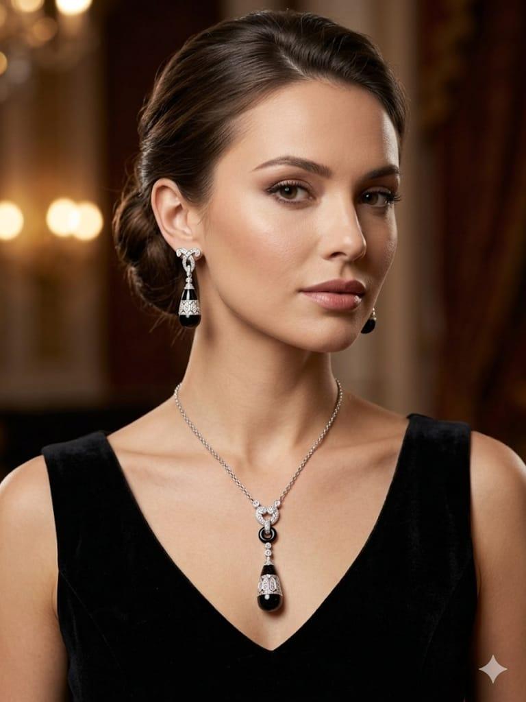 ART DECO ONYX AND DIAMOND DROP PENDANT NECKLACE WHITE GOLD