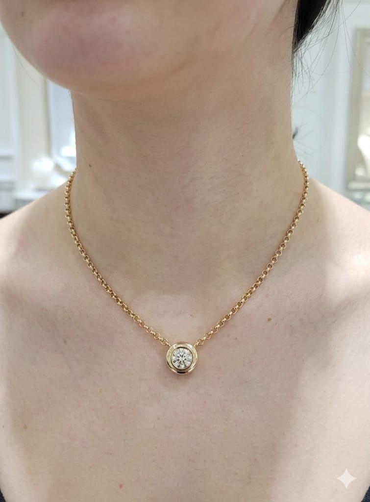 DIAMOND SOLITAIRE PENDANT NECKLACE 1.01CTW BEZEL SET YELLOW GOLD