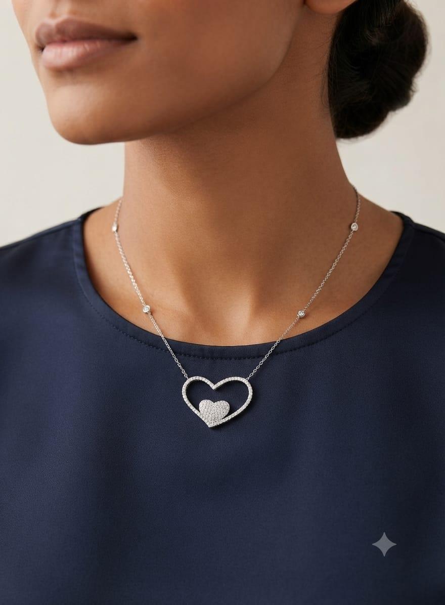 DOUBLE DIAMOND HEART SHAPE PENDANT NECKLACE 1.55CTW WHITE GOLD