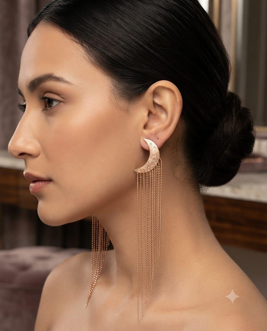 STARLIGHT STRANDS ROSE GOLD DIAMOND CRESCENT MOON DANGLE EARRINGS