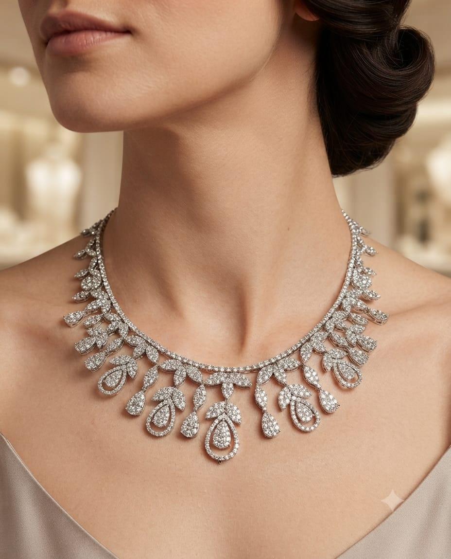 DIAMOND LEAF CASCADE DROP NECKLACE 28.55CTW WHITE GOLD