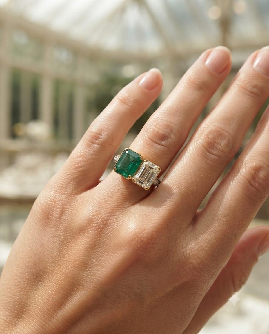 DIAMOND AND EMERALD PLATINUM AND YELLOW GOLD RING