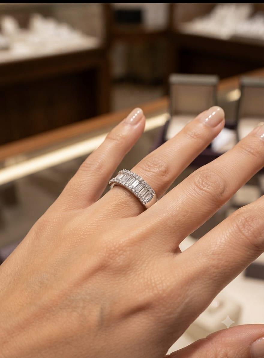 DIAMOND HALF ETERNITY BAND RING BAGUETTE AND ROUND 1.55CTW WHITE GOLD
