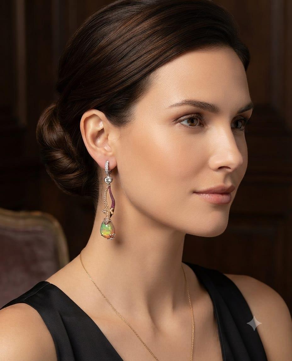 DIAMOND AND OPAL FANCY DANGLE EARRINGS TWO TONE GOLD