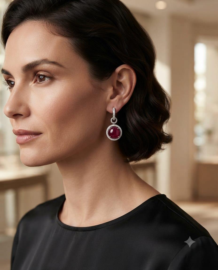 CABOCHON RUBY AND DIAMOND DANGLE EARRINGS WHITE GOLD