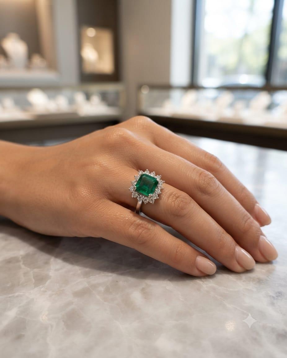 EMERALD AND DIAMOND RING WHITE GOLD