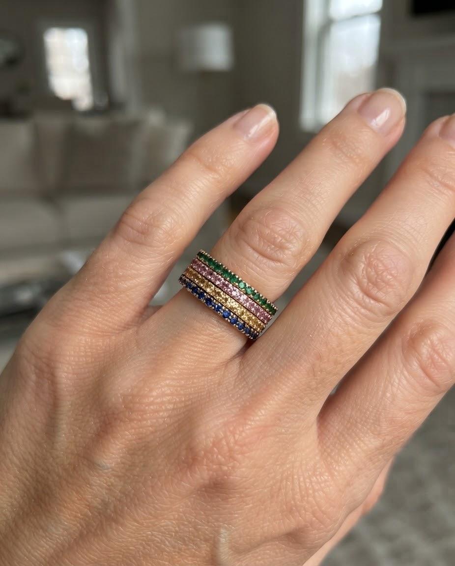 FOUR EMERALD AND SAPPHIRE STACKABLE ETERNITY BAND RINGS YELLOW GOLD