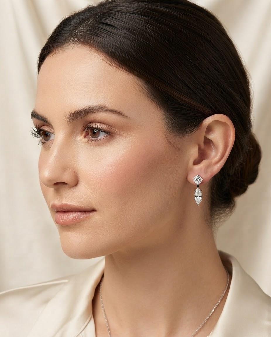 DIAMOND ROUND AND MARQUISE DROP EARRINGS WHITE GOLD