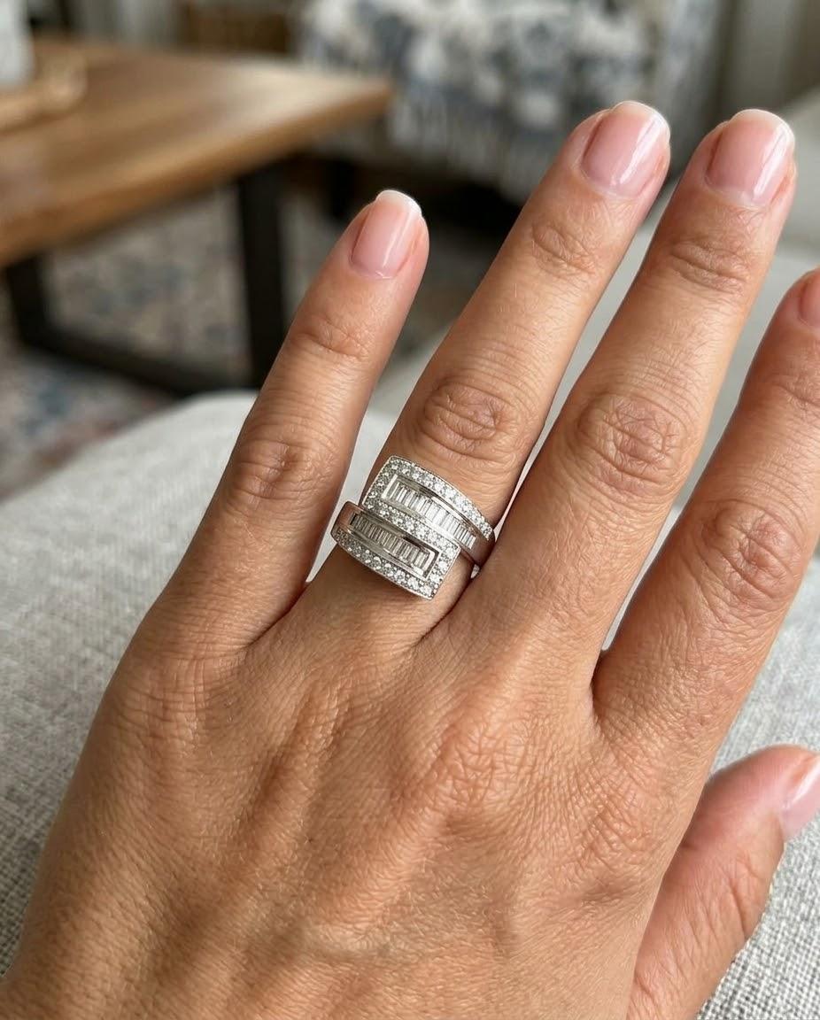 DIAMOND BAGUETTE AND ROUND BYPASS SWIRL RING 2.0CTW WHITE GOLD