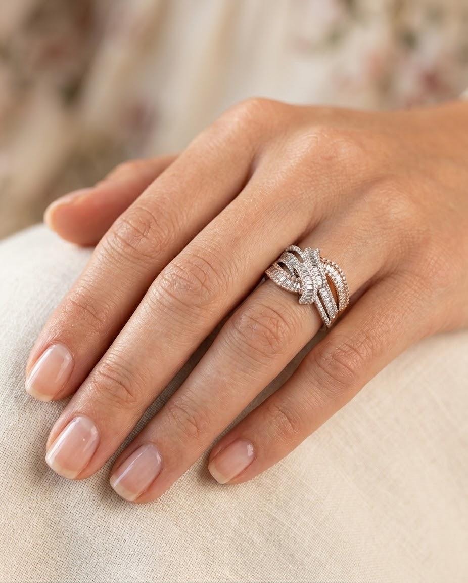 DIAMOND SWIRL KNOT 1.75CTW WHITE AND ROSE GOLD BAGUETTE RING