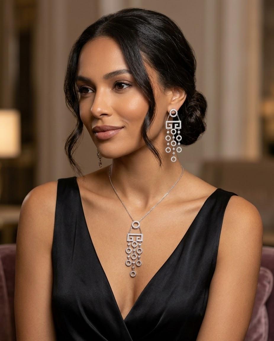 DIAMOND ART DECO GEOMETRIC CASCADING NECKLACE WHITE GOLD