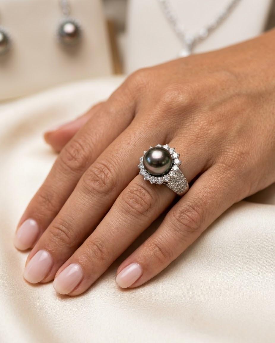 BLACK PEARL 11.5MM AND DIAMOND 2.00CTW RING IN WHITE GOLD