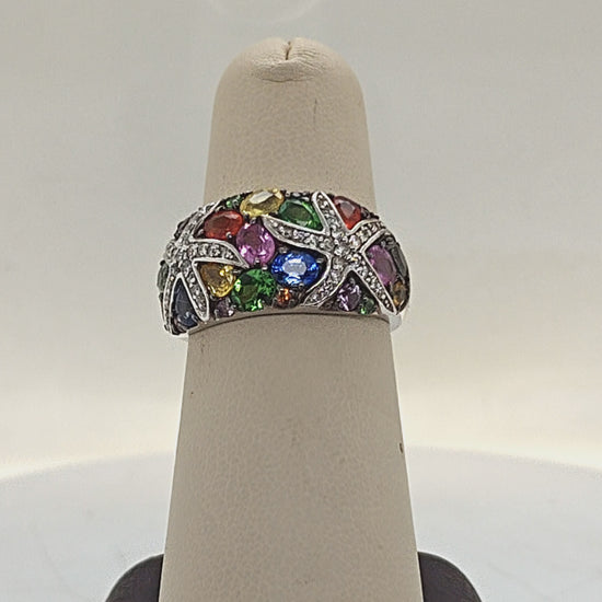 MULTI STONE AND DIAMOND STARFISH RING WHITE GOLD