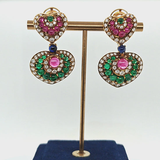 MULTI COLOR CABOCHON AND DIAMOND EARRINGS YELLOW GOLD