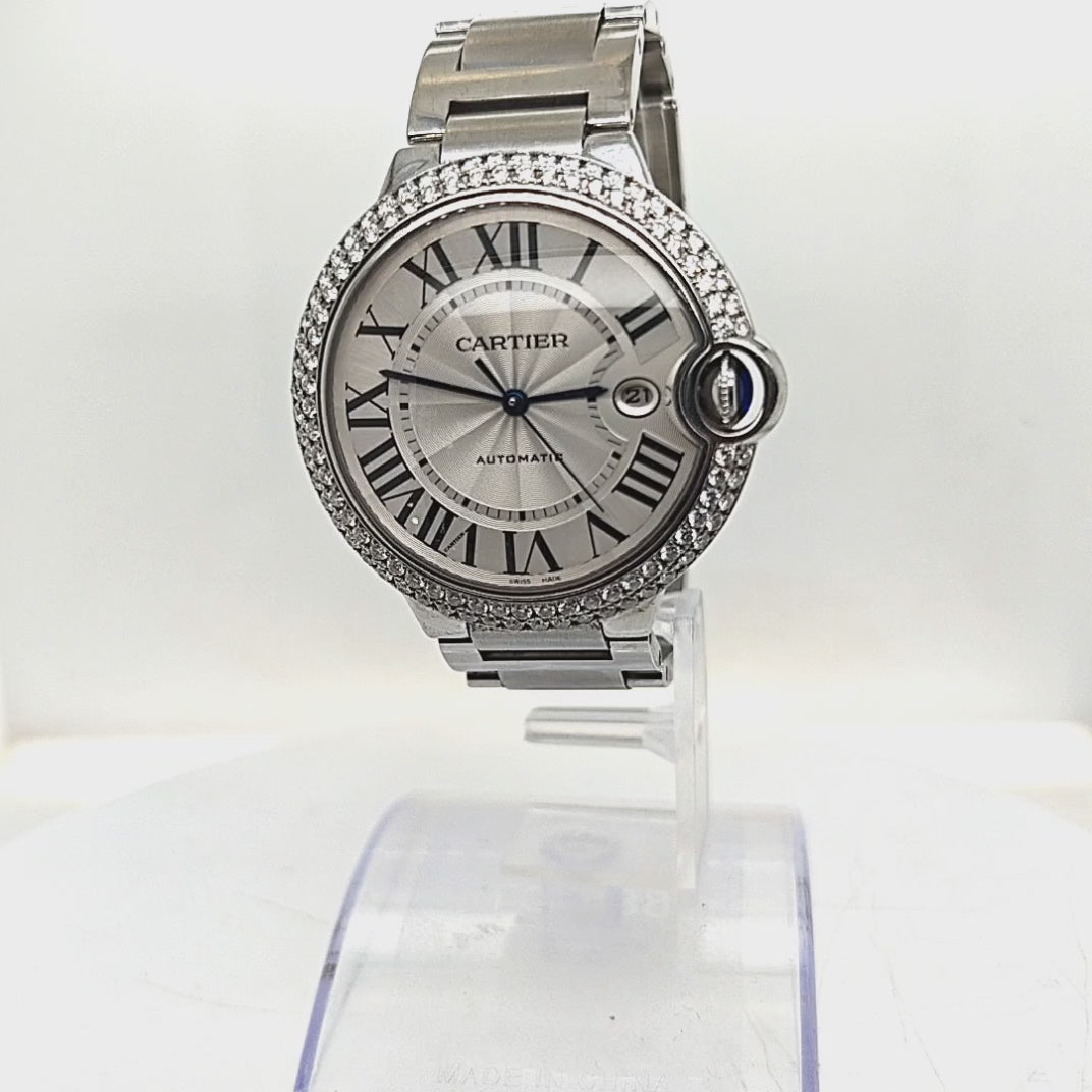 CARTIER BALLON BLEU WATCH STEEL 42MM DIAMOND BEZEL