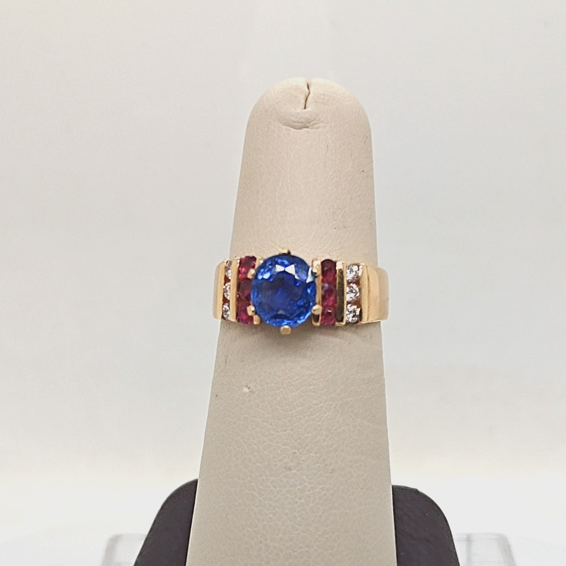 SAPPHIRE RUBY AND DIAMOND RETRO RING YELLOW GOLD