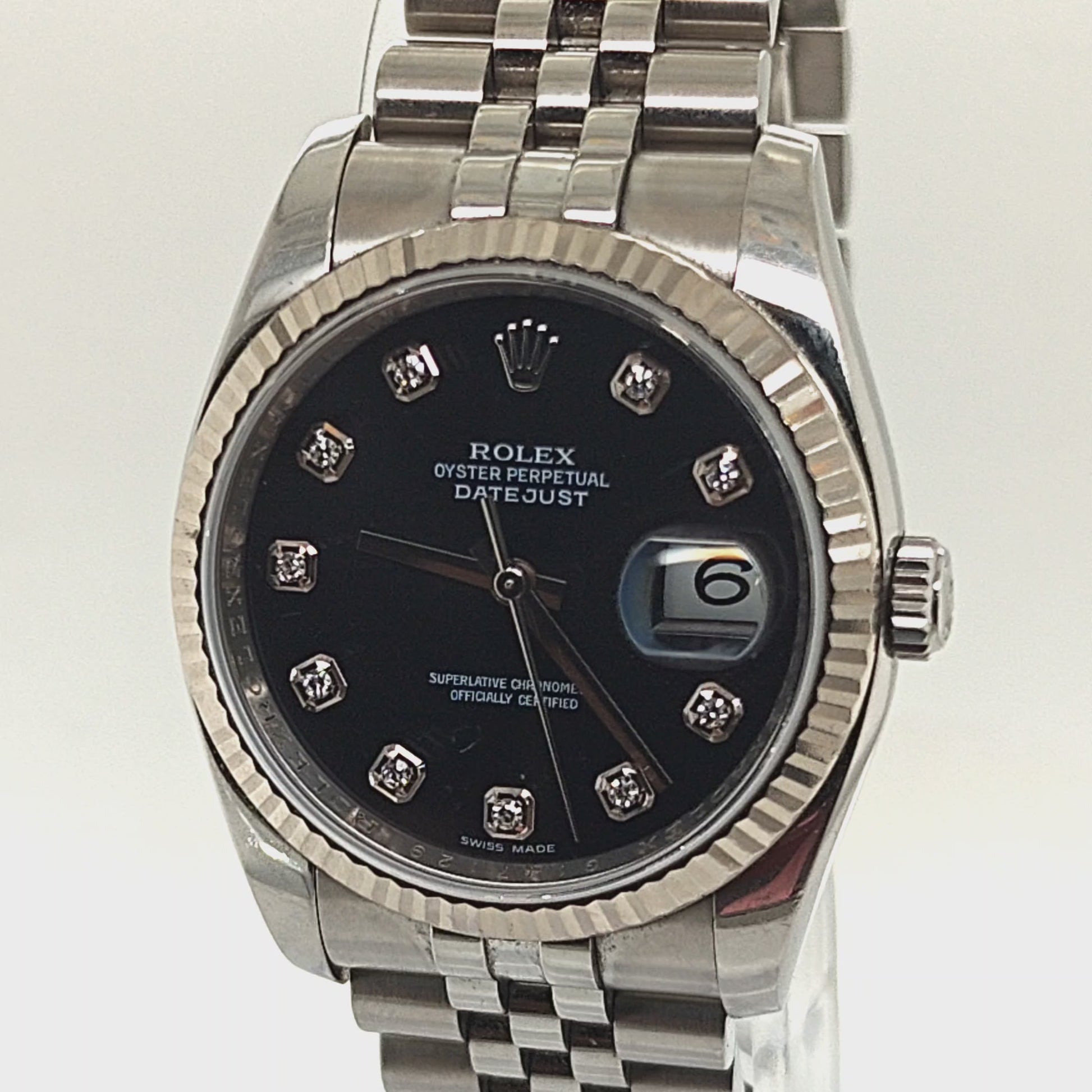 ROLEX DATEJUST BLACK DIAMOND DIAL FLUTED BEZEL JUBILEE STEEL BRACELET 36MM